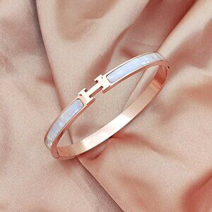 Luxury 18K Rose Gold Plated Titanium Steel H Bangle, Pearly White Inlay